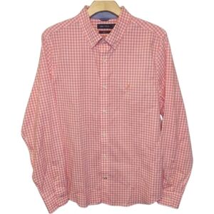 Nautica Men's Slim Fit Peach White Gingham Long-sleeved Button-down Shirt Size L